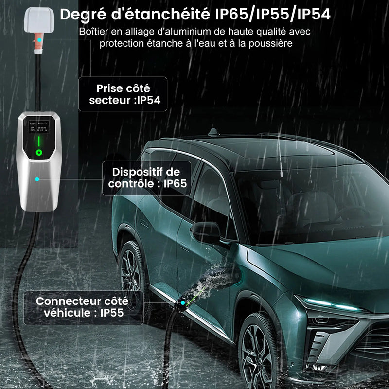 AWESAFE Chargeur Voiture Électrique Type 2 Triphasé 11 kilowatts 8-16 ampères avec Câble 4 mètres, Prise CEE Rouge et Écran Numérique pour Véhicules Électriques AWESAFE