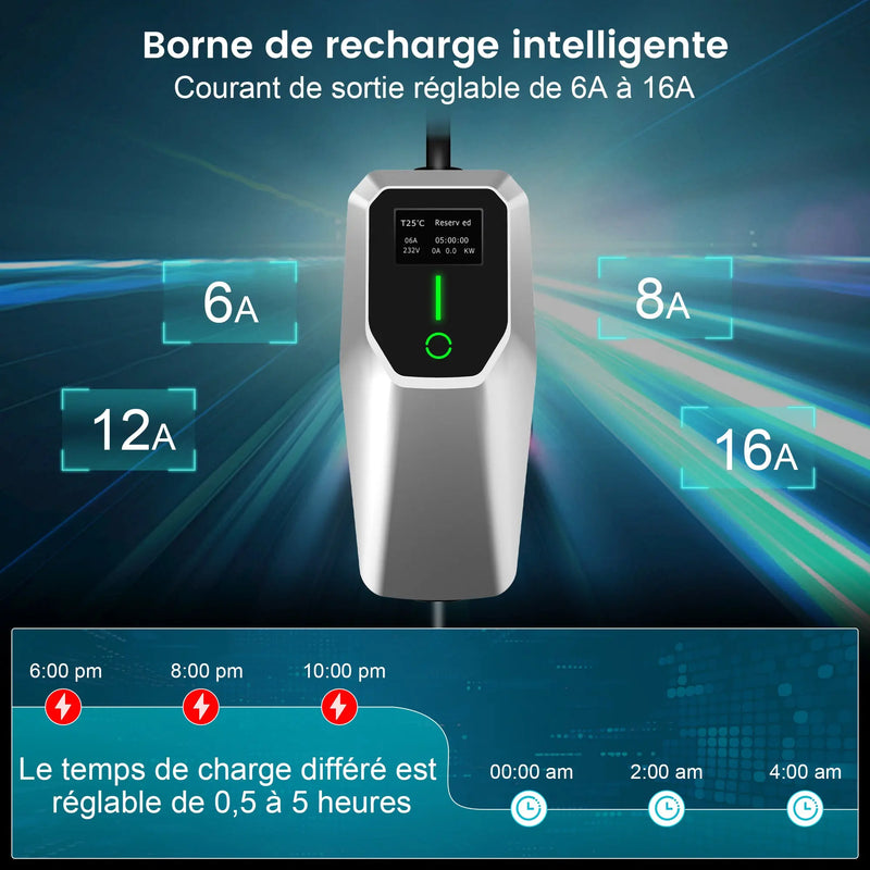 AWESAFE Chargeur Voiture Électrique Type 2 Triphasé 11 kilowatts 8-16 ampères avec Câble 4 mètres, Prise CEE Rouge et Écran Numérique pour Véhicules Électriques AWESAFE