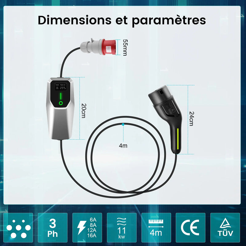 AWESAFE Chargeur Voiture Électrique Type 2 Triphasé 11 kilowatts 8-16 ampères avec Câble 4 mètres, Prise CEE Rouge et Écran Numérique pour Véhicules Électriques AWESAFE