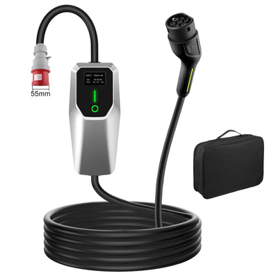 AWESAFE Chargeur Voiture Électrique Type 2 Triphasé 11 kilowatts 8-16 ampères avec Câble 4 mètres, Prise CEE Rouge et Écran Numérique pour Véhicules Électriques AWESAFE