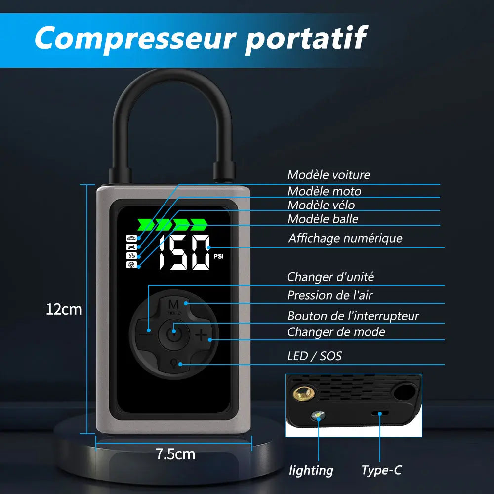 AWESAFE Compresseur à Air Portatif, Gonfleur Pneus Voiture sans Fil avec LED et Port C USB 150 PSI, Batterie Rechargeable, Inflation Rapide, Compresseur, Arrêt Automatique, pour Voiture, Vélos et Motos,Jeux de balle AWESAFE