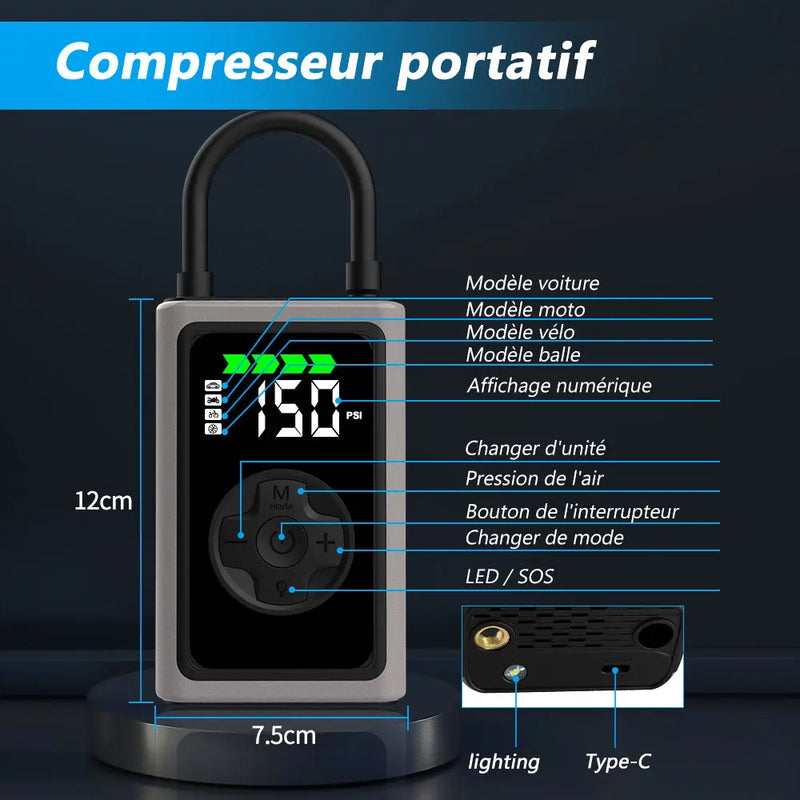 AWESAFE Compresseur à Air Portatif, Gonfleur Pneus Voiture sans Fil avec LED et Port C USB 150 PSI, Batterie Rechargeable, Inflation Rapide, Compresseur, Arrêt Automatique, pour Voiture, Vélos et Motos,Jeux de balle AWESAFE