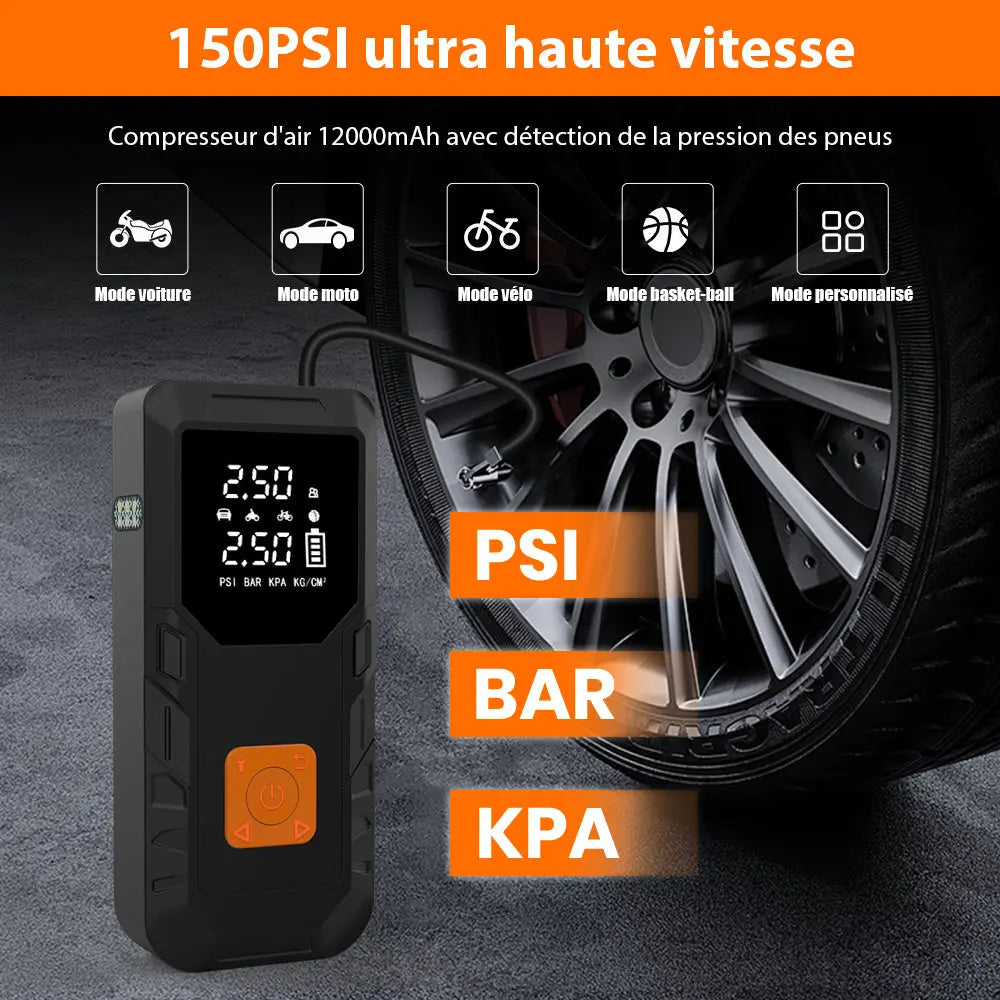 AWESAFE Compresseur à Air Portatif,Gonfleur Pneus Voiture sans Fil avec LED et Port C USB 150 PSI, Batterie Rechargeable, Inflation Rapide, Compresseur, Arrêt Automatique, pour Voiture, Vélos et Motos AWESAFE