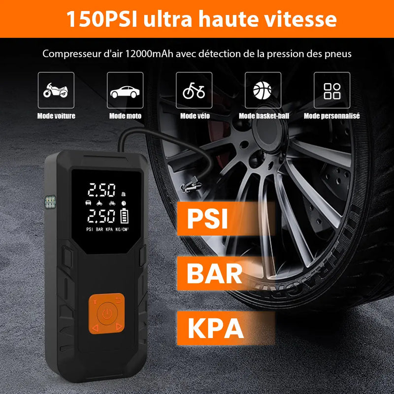 AWESAFE Compresseur à Air Portatif,Gonfleur Pneus Voiture sans Fil avec LED et Port C USB 150 PSI, Batterie Rechargeable, Inflation Rapide, Compresseur, Arrêt Automatique, pour Voiture, Vélos et Motos AWESAFE