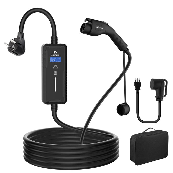 AWESAFE Electric Vehicle Charging Cable Type 3 EV Portable Charger with Screen 3.5KW 8-16A 3 Phase 100-240V 5M Cable EU/AU Plug Fit Tesla Model Y/Model 3 EV & Plug-in Hybrid Car Charger Station Accessories AWESAFE