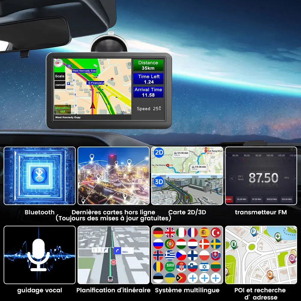 AWESAFE GPS 7 Pouces Bluetooth FM Guidage Vocal Multilingue Cartes 2D3D 2025 MAJ Gratuites pour Voitures Taxis Poids Lourds（副本） AWESAFE