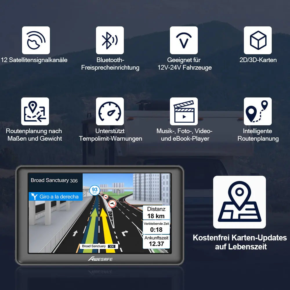 AWESAFE GPS Navigator für LKW Pkw 12-24V 7 Zoll Touchscreen Bluetooth FM SD Echtzeitalarme Europakarte kostenlose Jahresupdates AWESAFE