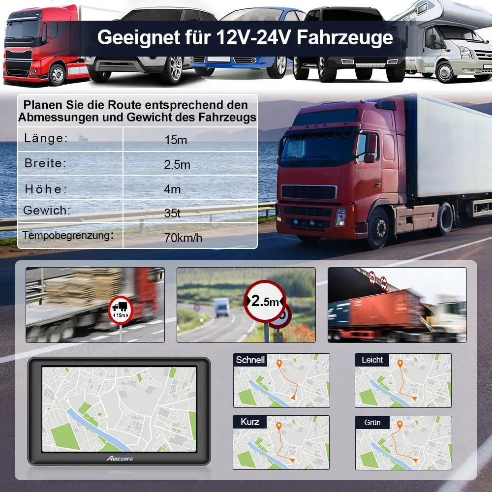 AWESAFE GPS Navigator für LKW Pkw 12-24V 7 Zoll Touchscreen Bluetooth FM SD Echtzeitalarme Europakarte kostenlose Jahresupdates AWESAFE