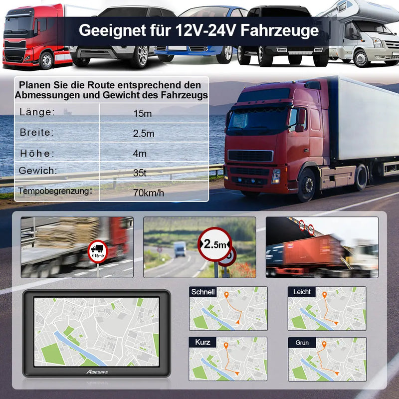 AWESAFE GPS Navigator für LKW Pkw 12-24V 7 Zoll Touchscreen Bluetooth FM SD Echtzeitalarme Europakarte kostenlose Jahresupdates AWESAFE