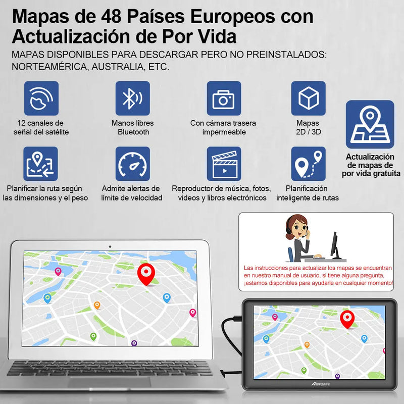 AWESAFE GPS para Coches con 7 Pulgadas Pantalla LCD con Bluetooth y Cámara Trasera, Navegador GPS para Camión con Actualizaciones de Mapas para Toda la Vida AWESAFE