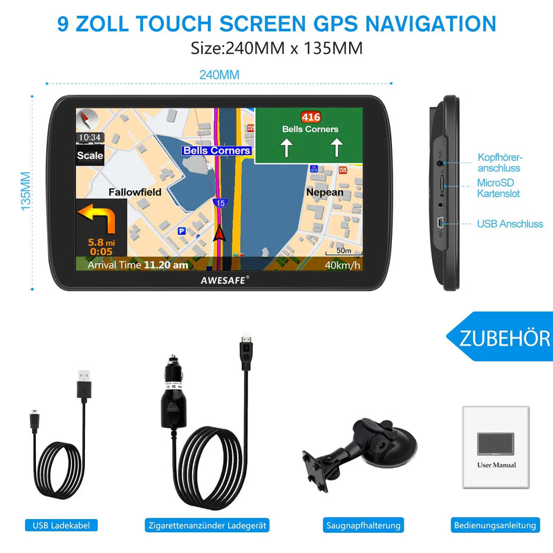 AWESAFE LKW Navi 9 Zoll Navigationsgerät mit Bluetooth 2023 GPS Navigation unterstützt lebenslang Kartenupdate AWESAFE