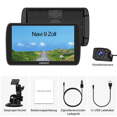 AWESAFE LKW Navi 9 Zoll Navigationsgerät mit Bluetooth und Rückfahrkamera, 2023 GPS Navigation unterstützt lebenslang Kartenupdate AWESAFE