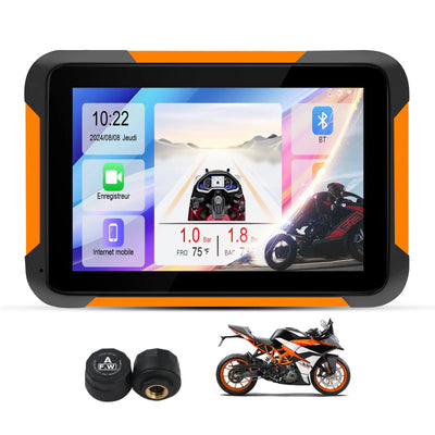 AWESAFE Moto Carplay sans Fil, Portable CarPlay et Android Auto pour Moto, 5 Pouces IPS Écran Tactile Étanche IP68 avec Parasol,Pression des pneus Intégrée,Prend en Charge Double Bluetooth Navigation AWESAFE