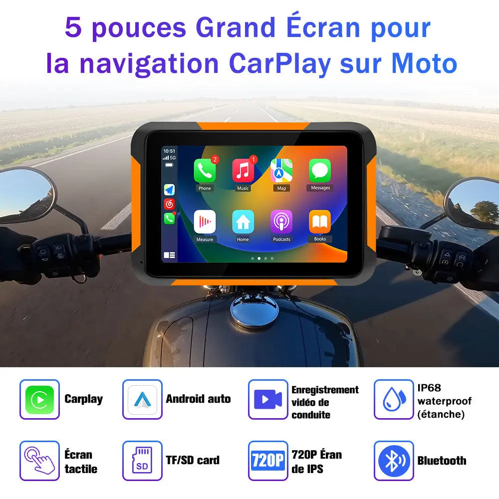 AWESAFE Moto Carplay sans Fil, Portable CarPlay et Android Auto pour Moto, 5 Pouces IPS Écran Tactile Étanche IP68 avec Parasol,Pression des pneus Intégrée,Prend en Charge Double Bluetooth Navigation AWESAFE