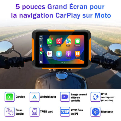 AWESAFE Moto Carplay sans Fil, Portable CarPlay et Android Auto pour Moto, 5 Pouces IPS Écran Tactile Étanche IP68 avec Parasol,Pression des pneus Intégrée,Prend en Charge Double Bluetooth Navigation AWESAFE