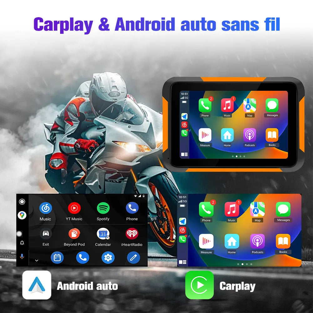 AWESAFE Moto Carplay sans Fil, Portable CarPlay et Android Auto pour Moto, 5 Pouces IPS Écran Tactile Étanche IP68 avec Parasol,Pression des pneus Intégrée,Prend en Charge Double Bluetooth Navigation AWESAFE