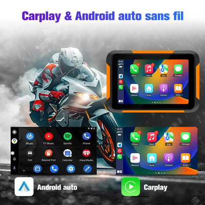 AWESAFE Moto Carplay sans Fil, Portable CarPlay et Android Auto pour Moto, 5 Pouces IPS Écran Tactile Étanche IP68 avec Parasol,Pression des pneus Intégrée,Prend en Charge Double Bluetooth Navigation AWESAFE