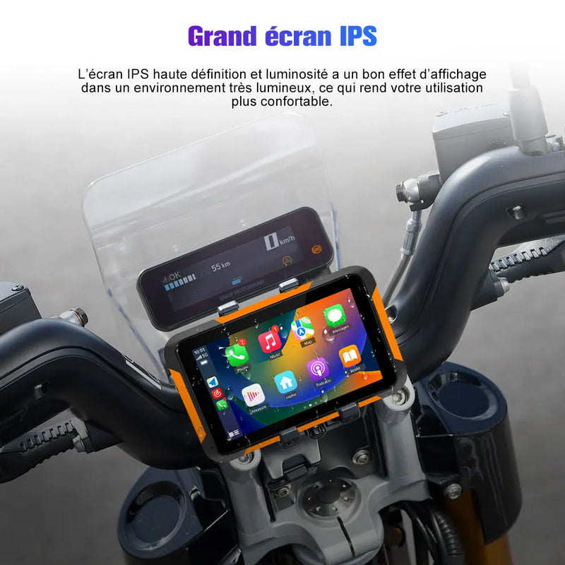 AWESAFE Moto Carplay sans Fil, Portable CarPlay et Android Auto pour Moto, 5 Pouces IPS Écran Tactile Étanche IP68 avec Parasol,Pression des pneus Intégrée,Prend en Charge Double Bluetooth Navigation AWESAFE