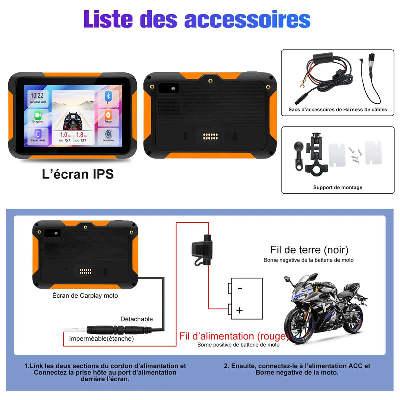 AWESAFE Moto Carplay sans Fil, Portable CarPlay et Android Auto pour Moto, 5 Pouces IPS Écran Tactile Étanche IP68 avec Parasol,Pression des pneus Intégrée,Prend en Charge Double Bluetooth Navigation AWESAFE
