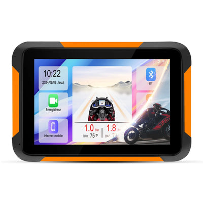AWESAFE Moto Carplay sans Fil, Portable CarPlay et Android Auto pour Moto, 5 Pouces IPS Écran Tactile Étanche IP68 avec Parasol,Pression des pneus Intégrée,Prend en Charge Double Bluetooth Navigation AWESAFE