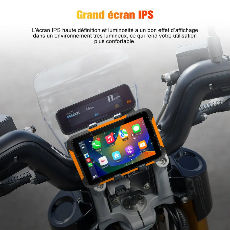 AWESAFE Moto Carplay sans Fil, Portable CarPlay et Android Auto pour Moto, 5 Pouces IPS Écran Tactile Étanche IP68 avec Parasol,Pression des pneus Intégrée,Prend en Charge Double Bluetooth Navigation AWESAFE