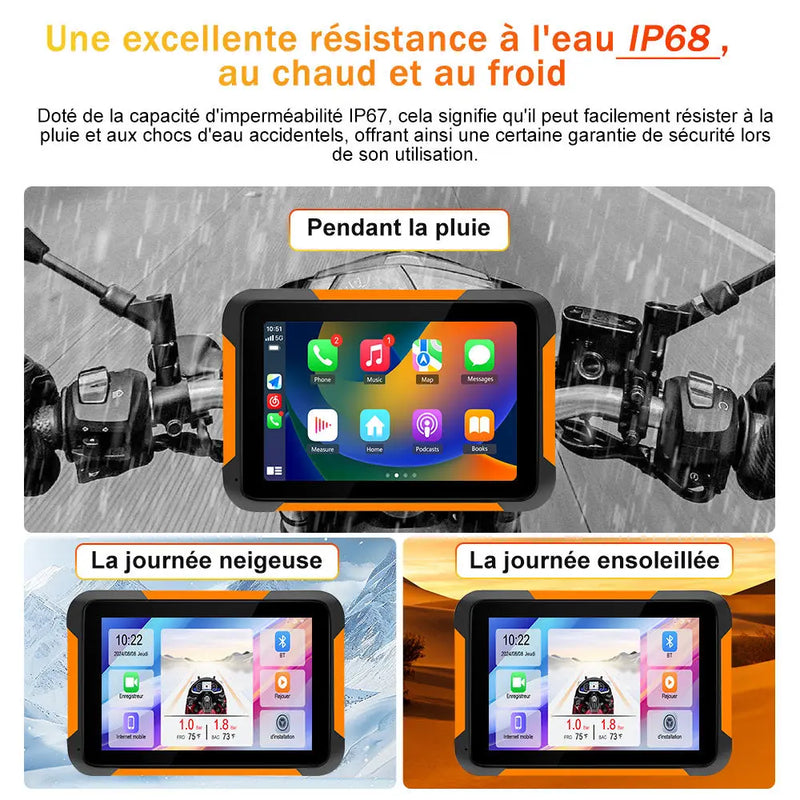 AWESAFE Moto Carplay sans Fil, Portable CarPlay et Android Auto pour Moto, 5 Pouces IPS Écran Tactile Étanche IP68 avec Parasol,Pression des pneus Intégrée,Prend en Charge Double Bluetooth Navigation AWESAFE