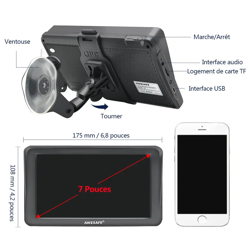 AWESAFE Navigateur GPS 7 pouces avec pare-soleil, Bluetooth et mises à jour cartographiques à vie pour l'Europe AWESAFE