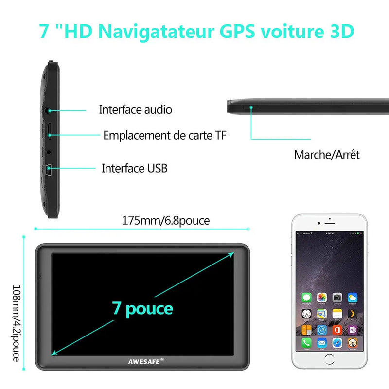 AWESAFE  Navigateur GPS 7 pouces avec pare-soleil, et mises à jour cartographiques à vie pour l'Europe AWESAFE SHOP