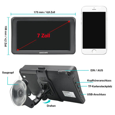 AWESAFE Navigationsgeräte für Auto, 7 Zoll Touchscreen, 2023 Europa Karten unterstützt lebenslang kostenloses, GPS Navigation für Auto PKW KFZ LKW AWESAFE