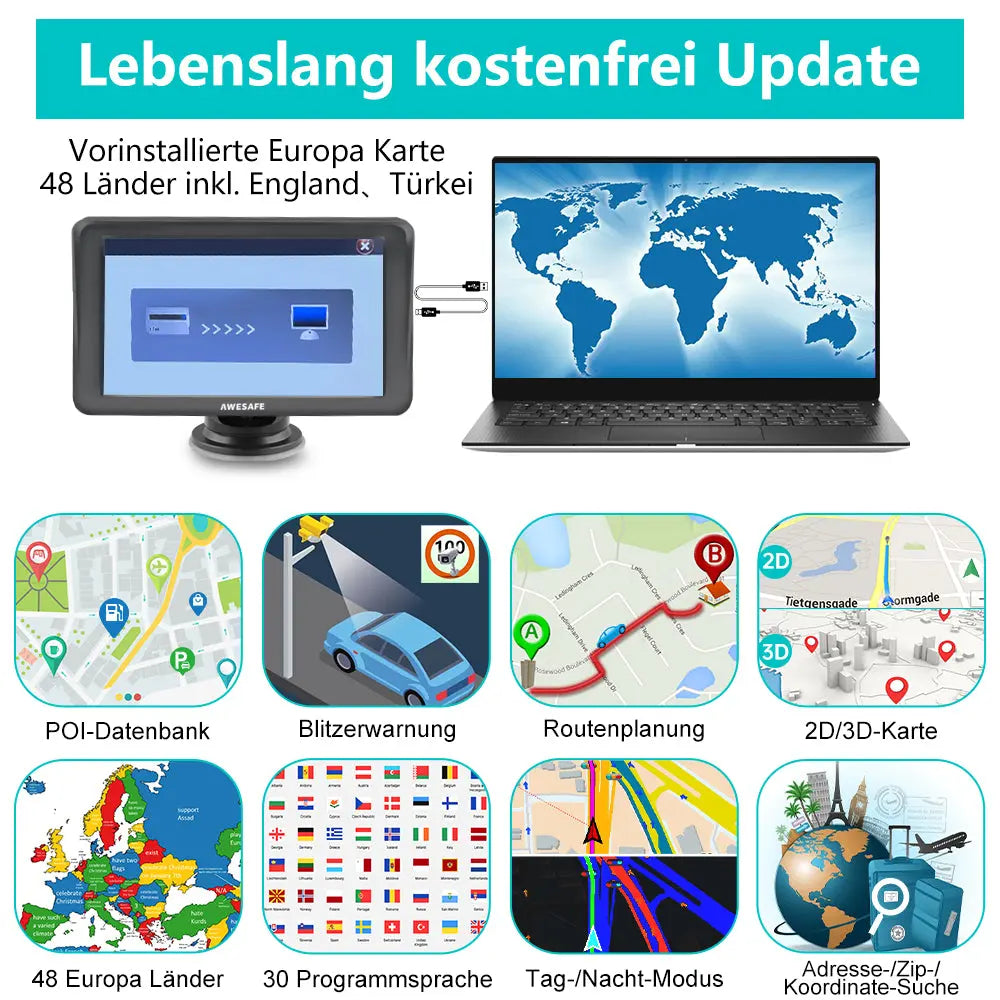 AWESAFE Navigationsgeräte für Auto, 7 Zoll Touchscreen, 2023 Europa Karten unterstützt lebenslang kostenloses, GPS Navigation für Auto PKW KFZ LKW AWESAFE