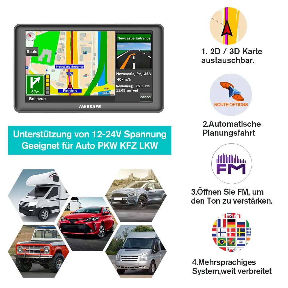 AWESAFE Navigationsgeräte für Auto, 7 Zoll Touchscreen, 2023 Europa Karten unterstützt lebenslang kostenloses, GPS Navigation für Auto PKW KFZ LKW AWESAFE