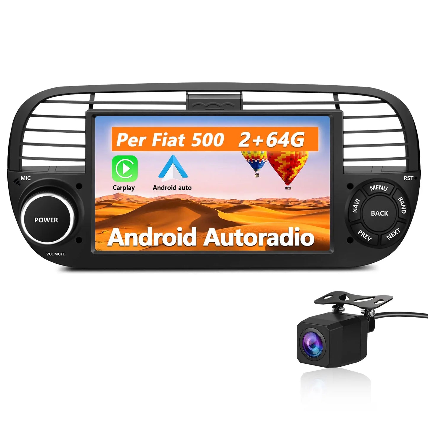 AWESAFE Nero Autoradio Android 13 2+64GB con Schermo Touchscreen HD 7 Pollici - Per Fiat 500 2007-2015 - Telecamera Posteriore, Bluetooth/Mirror Link con CarPlay Wireless e Android Auto AWESAFE