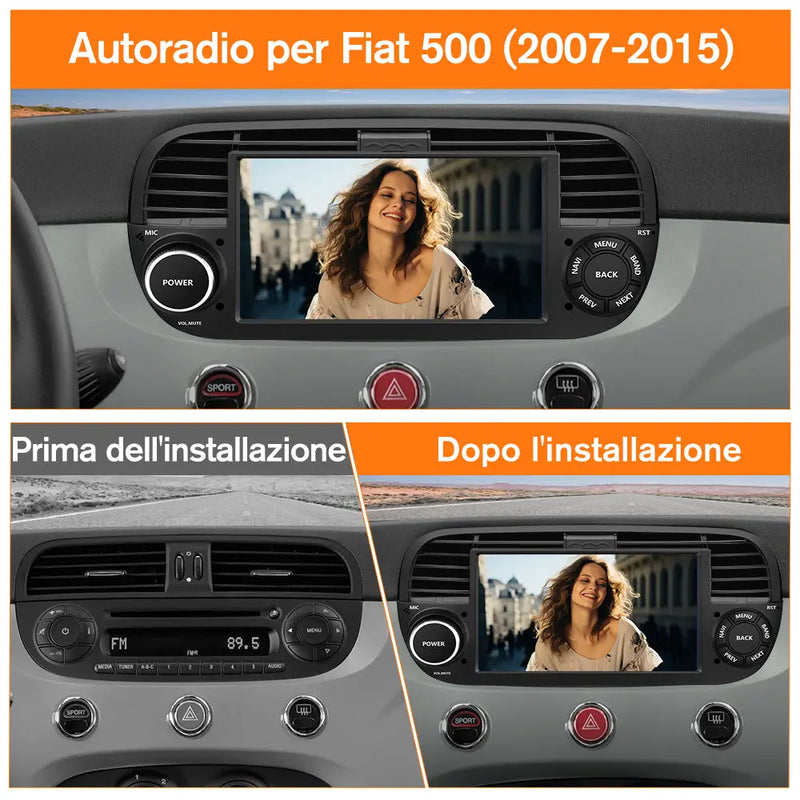 AWESAFE Nero Autoradio Android 13 2+64GB con Schermo Touchscreen HD 7 Pollici - Per Fiat 500 2007-2015 - Telecamera Posteriore, Bluetooth/Mirror Link con CarPlay Wireless e Android Auto AWESAFE