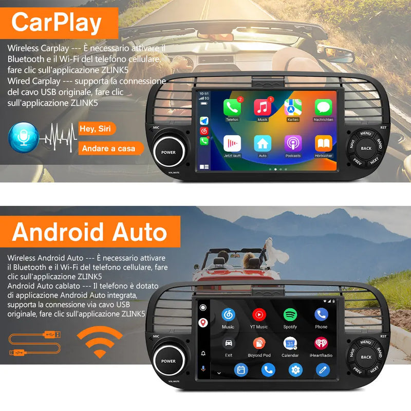 AWESAFE Nero Autoradio Android 13 2+64GB con Schermo Touchscreen HD 7 Pollici - Per Fiat 500 2007-2015 - Telecamera Posteriore, Bluetooth/Mirror Link con CarPlay Wireless e Android Auto AWESAFE