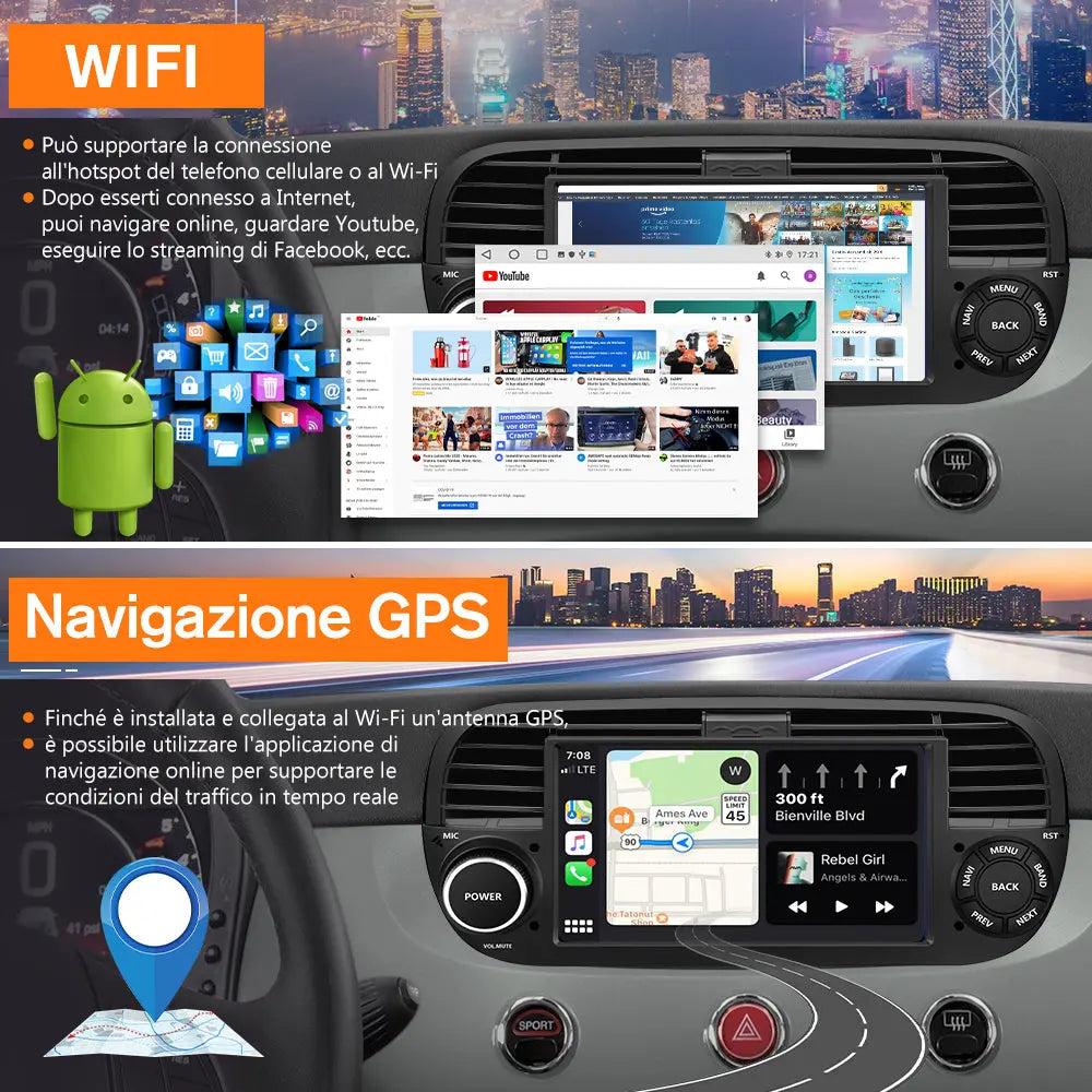 AWESAFE Nero Autoradio Android 13 2+64GB con Schermo Touchscreen HD 7 Pollici - Per Fiat 500 2007-2015 - Telecamera Posteriore, Bluetooth/Mirror Link con CarPlay Wireless e Android Auto AWESAFE