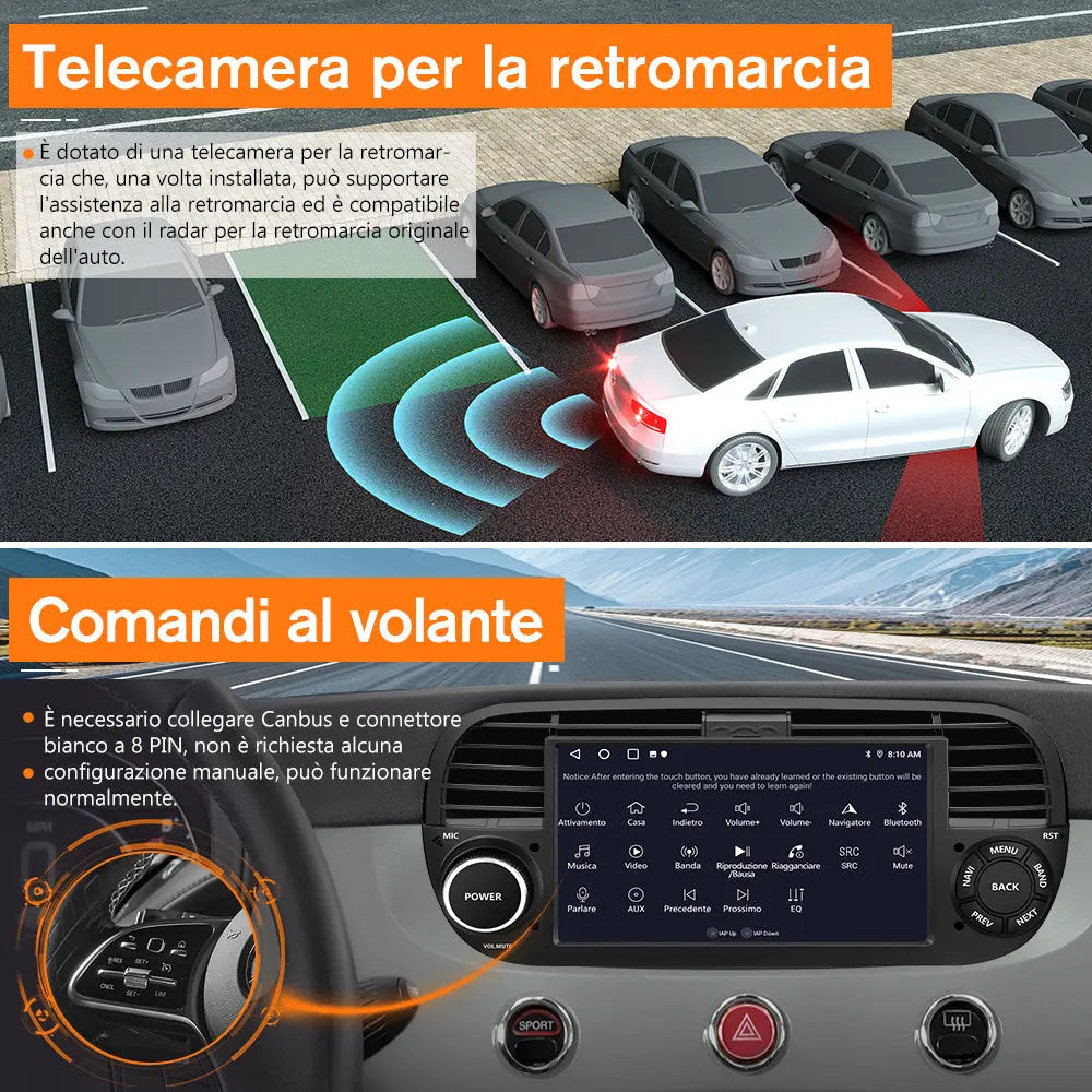 AWESAFE Nero Autoradio Android 13 2+64GB con Schermo Touchscreen HD 7 Pollici - Per Fiat 500 2007-2015 - Telecamera Posteriore, Bluetooth/Mirror Link con CarPlay Wireless e Android Auto AWESAFE