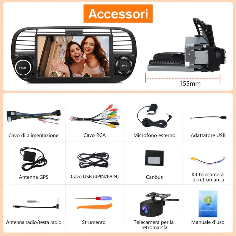 AWESAFE Nero Autoradio Android 13 2+64GB con Schermo Touchscreen HD 7 Pollici - Per Fiat 500 2007-2015 - Telecamera Posteriore, Bluetooth/Mirror Link con CarPlay Wireless e Android Auto AWESAFE