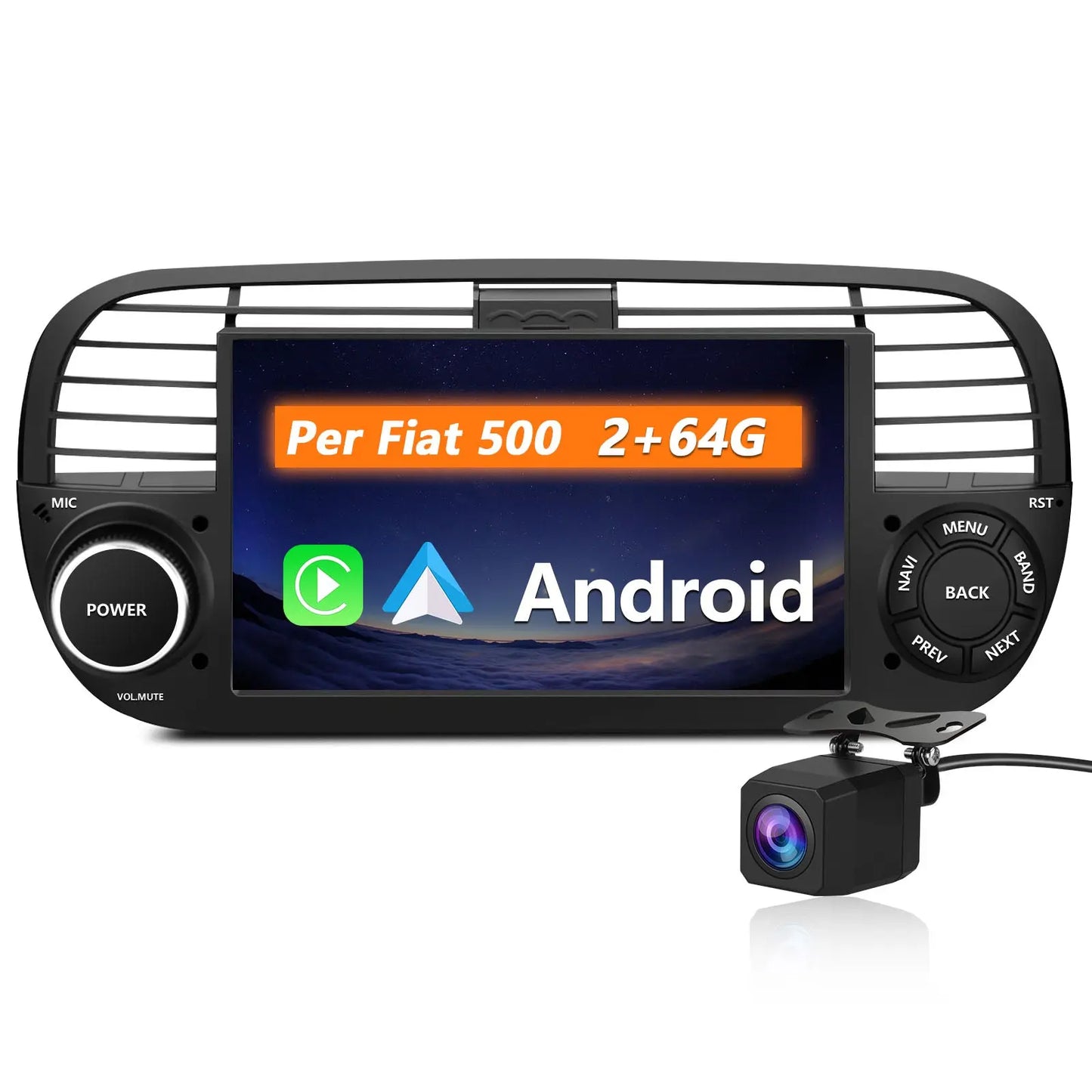 AWESAFE Nero Autoradio Android 13 2+64GB con Schermo Touchscreen HD 7 Pollici - Per Fiat 500 2007-2015 - Telecamera Posteriore, Bluetooth/Mirror Link con CarPlay Wireless e Android Auto AWESAFE