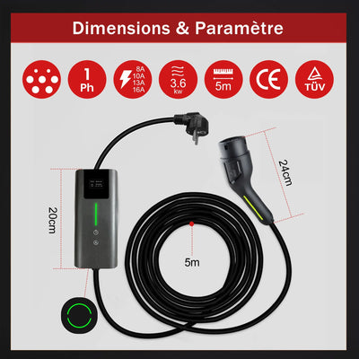 AWESAFE Portable Chargeur Voiture Electrique 5M 3.6KW, 1 Frase 16A Type 2 Commutable Voiture EV Chargeur Schuko AWESAFE