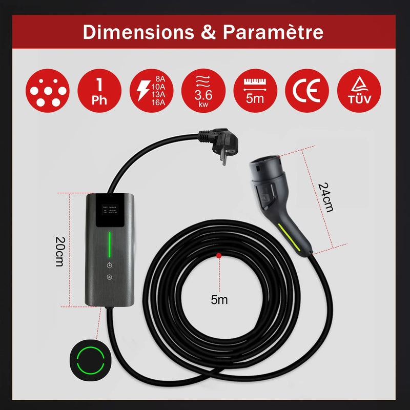 AWESAFE Portable Chargeur Voiture Electrique 5M 3.6KW, 1 Frase 16A Type 2 Commutable Voiture EV Chargeur Schuko AWESAFE