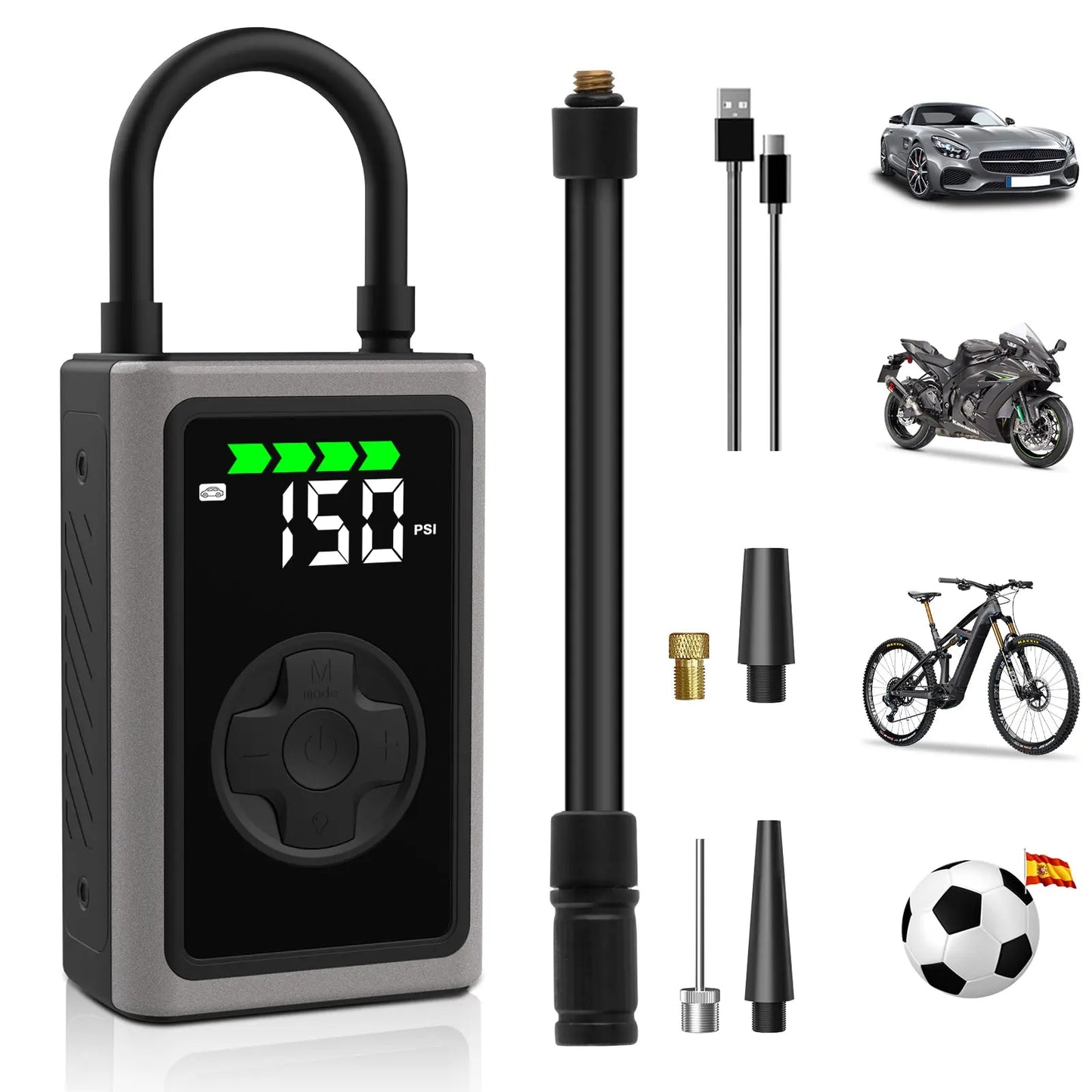 AWESAFE Portable Electric Air Compressor - Compresor de aire portátil (3-150 psi, 5 modos, batería de 6500mAh, carga USB-C, pantalla LED&Linterna LED), negro Inflador de Neumático AWESAFE