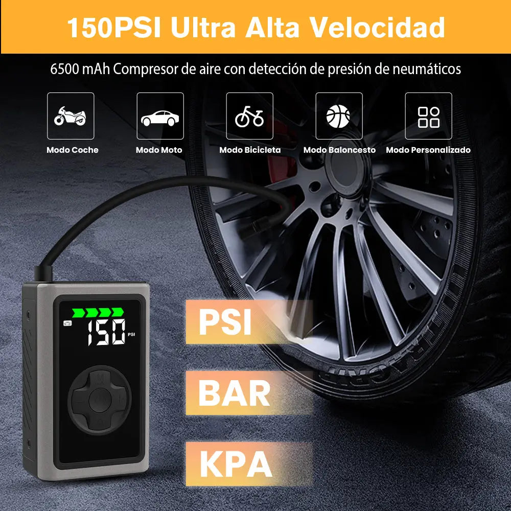 AWESAFE Portable Electric Air Compressor - Compresor de aire portátil (3-150 psi, 5 modos, batería de 6500mAh, carga USB-C, pantalla LED&Linterna LED), negro Inflador de Neumático AWESAFE