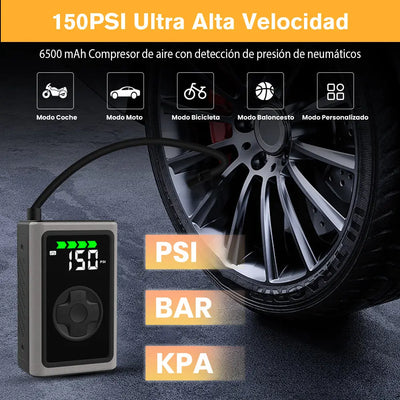 AWESAFE Portable Electric Air Compressor - Compresor de aire portátil (3-150 psi, 5 modos, batería de 6500mAh, carga USB-C, pantalla LED&Linterna LED), negro Inflador de Neumático AWESAFE