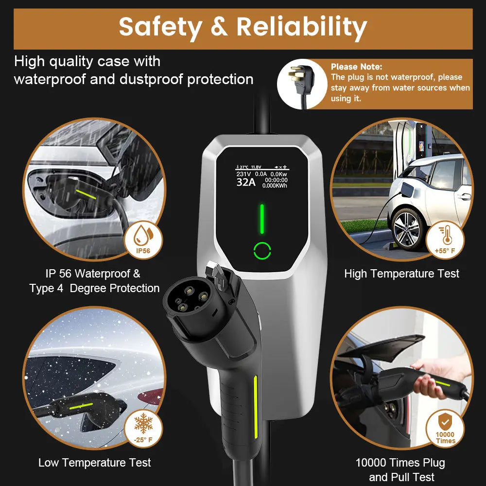 AWESAFE Portable Level 1 and Level 2 EV Charger (240V, 32A) with 26ft Charging Cable NEMA 14-50 5-20 for SAE-J1772 Electric Vehicles AWESAFE