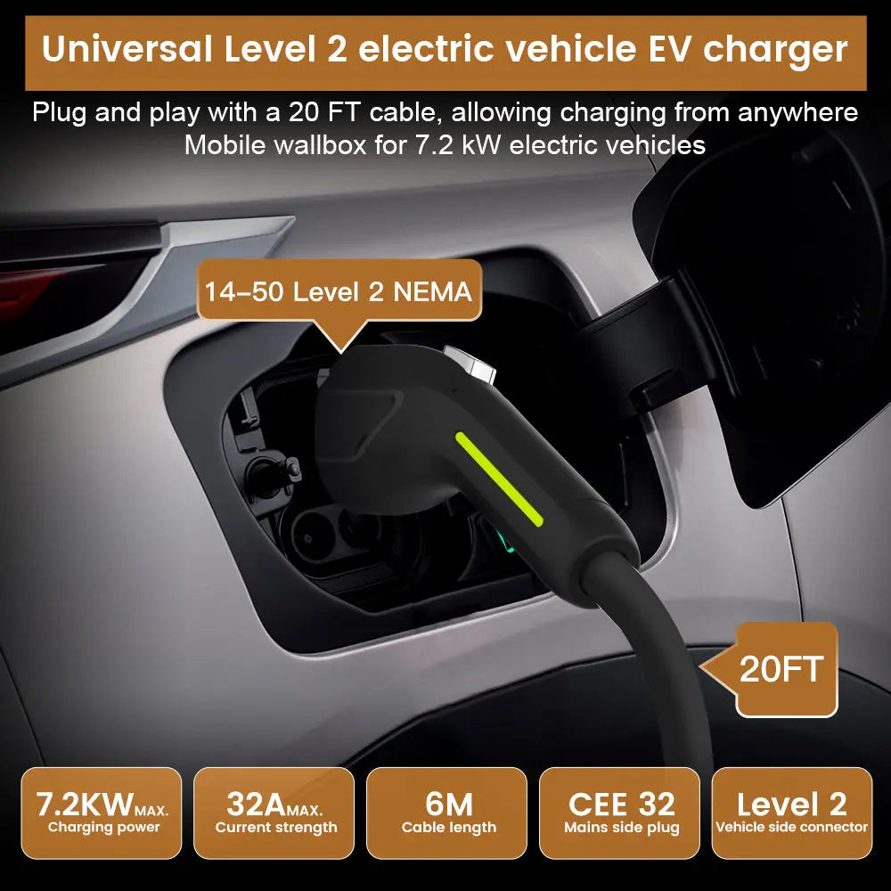 AWESAFE Portable Level 1 and Level 2 EV Charger (240V, 32A) with 26ft Charging Cable NEMA 14-50 5-20 for SAE-J1772 Electric Vehicles AWESAFE