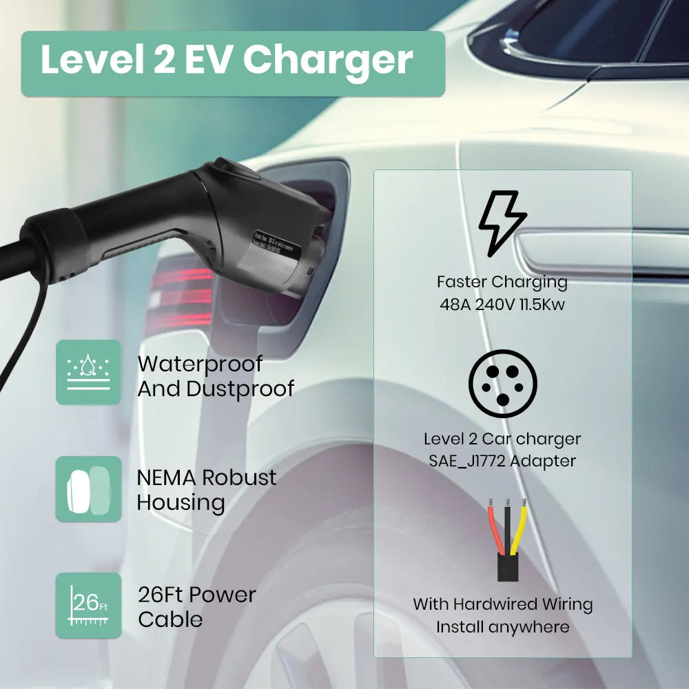 AWESAFE Portable Level 2 EV Charger (240V, 48A) with 26ft Charging Cable for SAE-J1772 Electric Vehicles AWESAFE