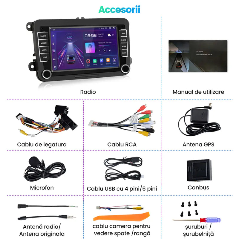 AWESAFE Radio Auto Android 15 2 GB + 64 GB Cu 4 Nuclee Pentru VW Golf 5, Golf 6, Seat Și Skoda AWESAFE