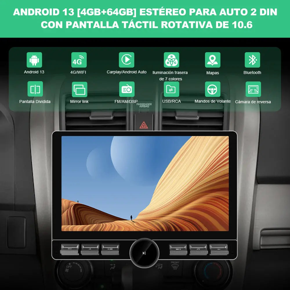 AWESAFE Radio Estéreo para Coche con Android 13, Pantalla Táctil Rotatoria de 10,6 Pulgadas, Bluetooth, 4G, GPS, Radio FM/AM, Receptor, CarPlay y Android Auto Inalámbricos AWESAFE