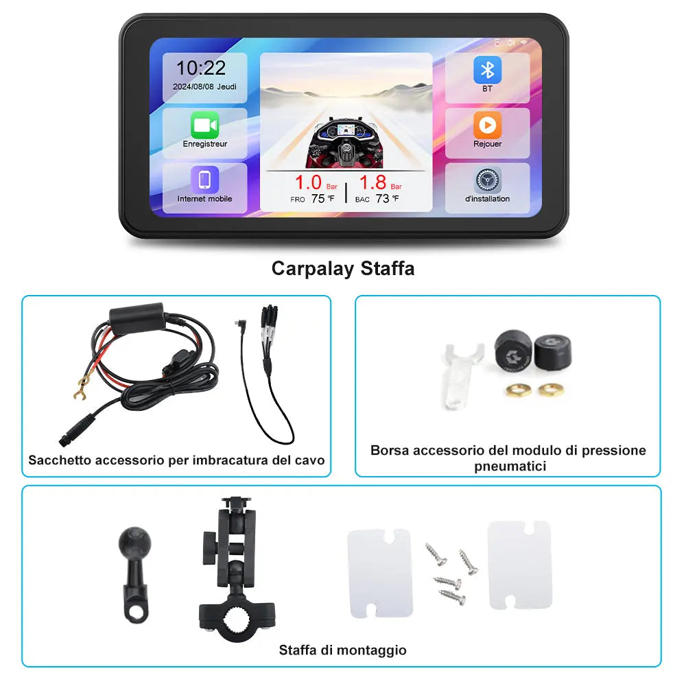 AWESAFE Schermo Carplay Per Moto Senza Fili Touchscreen Navigatore GPS da 6.25 pollici IPX8 con scheda SD Dashcam 2K Android Auto adatto a tutti i tipi di motociclette AWESAFE