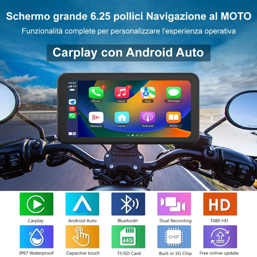 AWESAFE Schermo Carplay Per Moto Senza Fili Touchscreen Navigatore GPS da 6.25 pollici IPX8 con scheda SD Dashcam 2K Android Auto adatto a tutti i tipi di motociclette AWESAFE SHOP